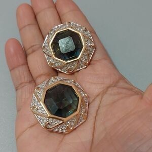 Authentic Swarovski Signed Blue Crystals Octagon Clip On Earrings Vintage Rare